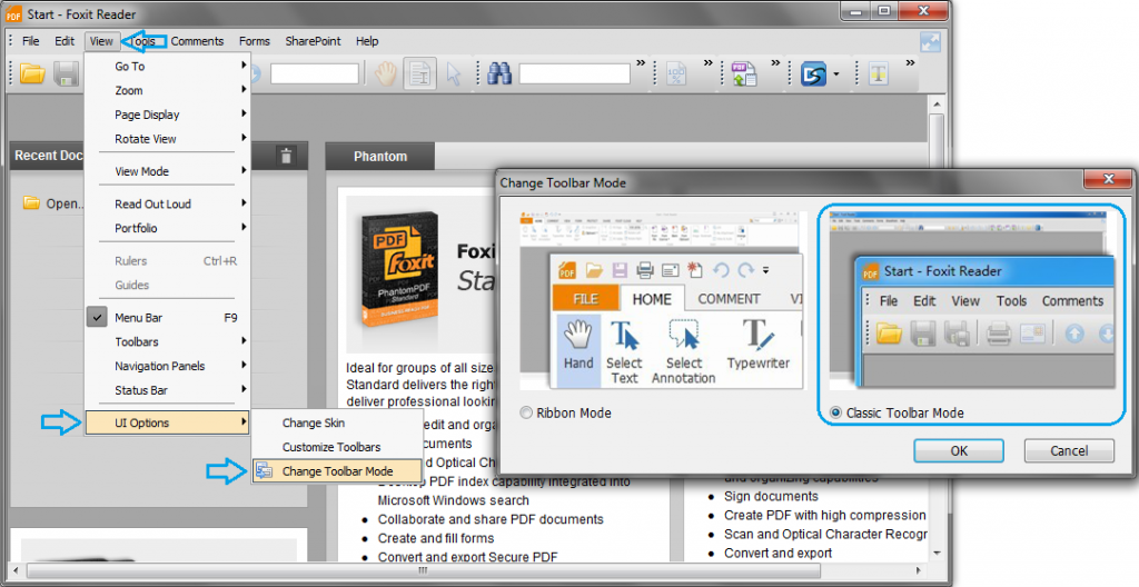 Restore classic toolbar mode in FoxIt Reader